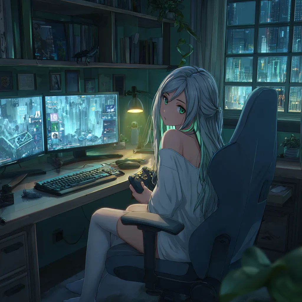 Anime Girl Gaming Room Night