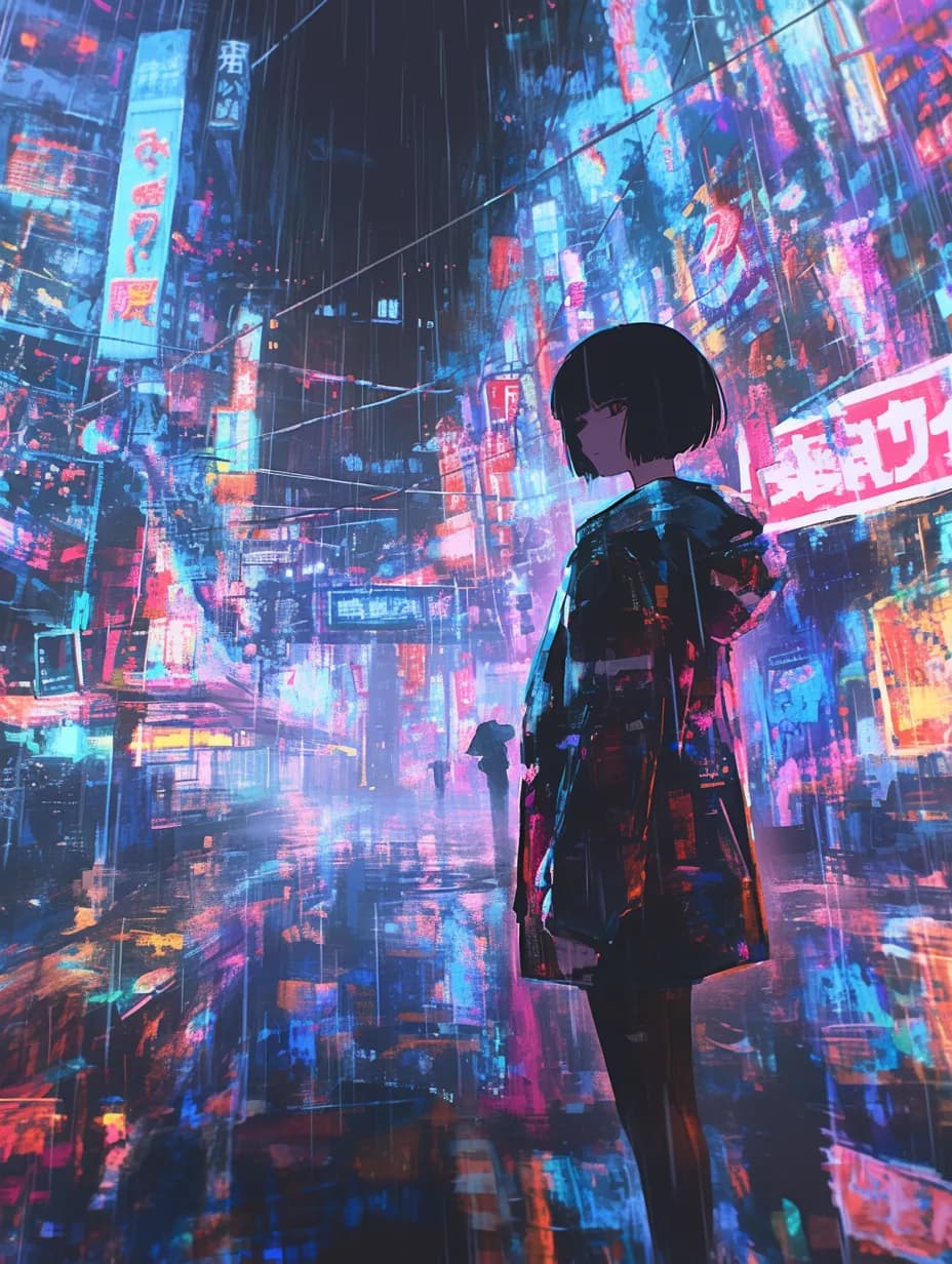 Lonely Girl on Rainy Neon Street - 90s Anime Style