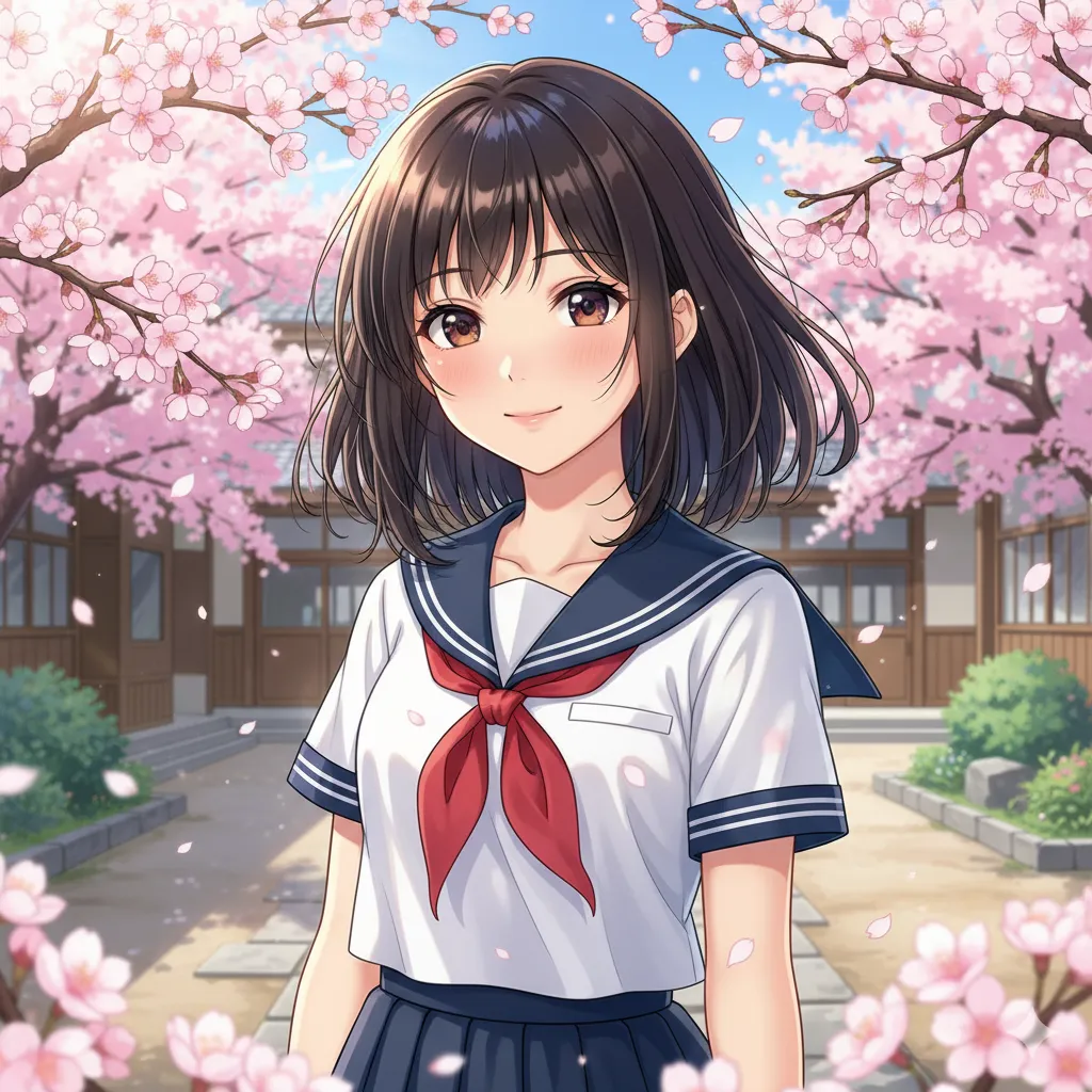 Japanese School Girl Portrait with Cherry Blossoms