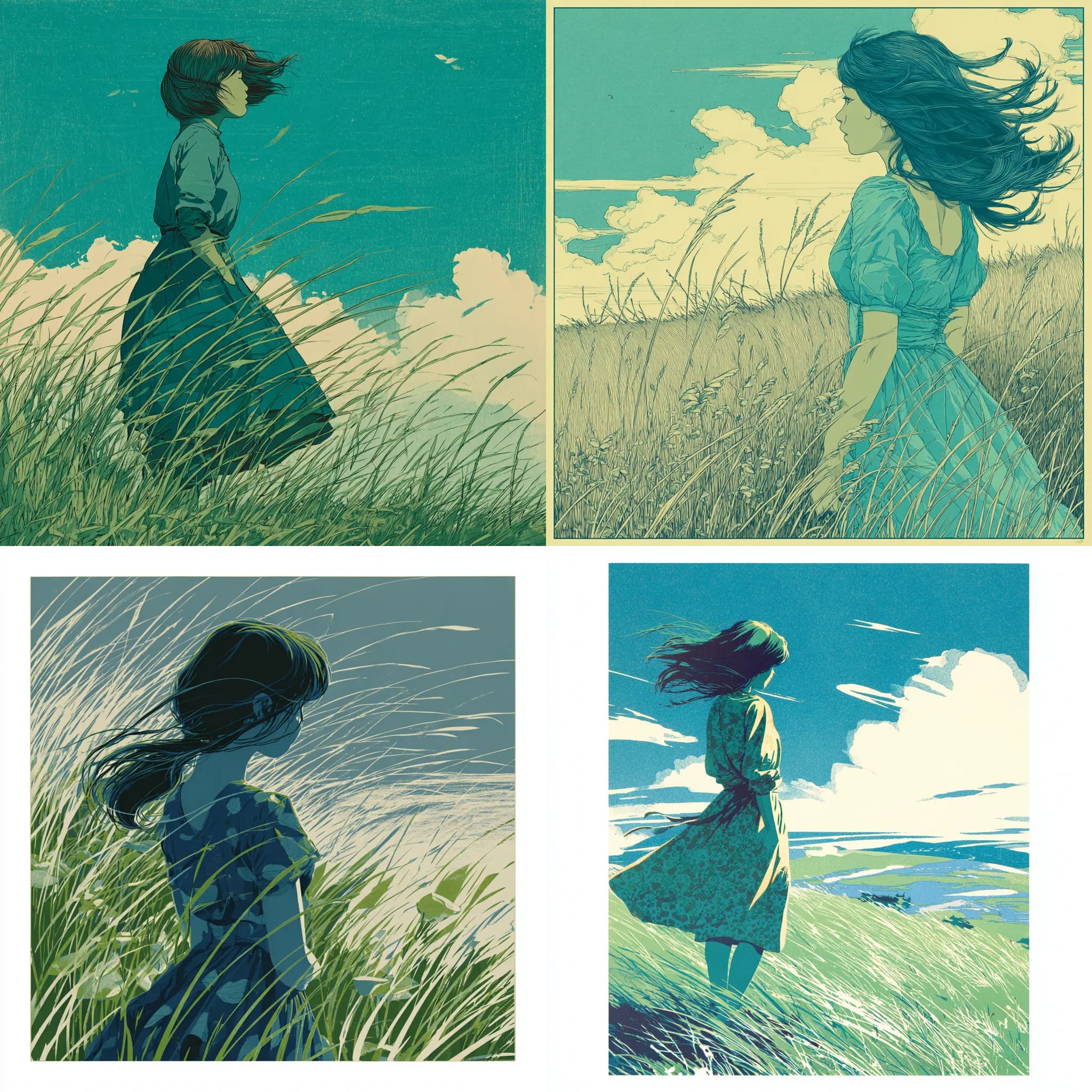 Serigraph Girl Grassy Field Wind